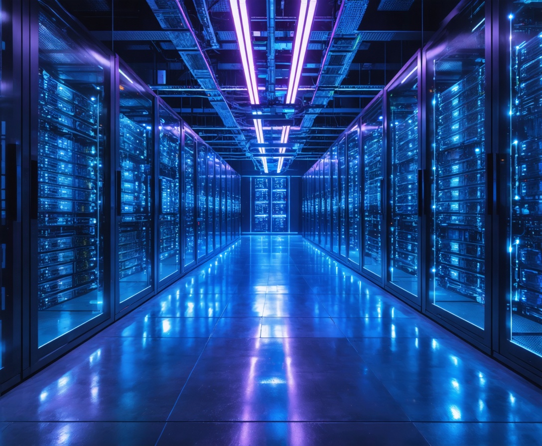 Cinematic data center with neon lights