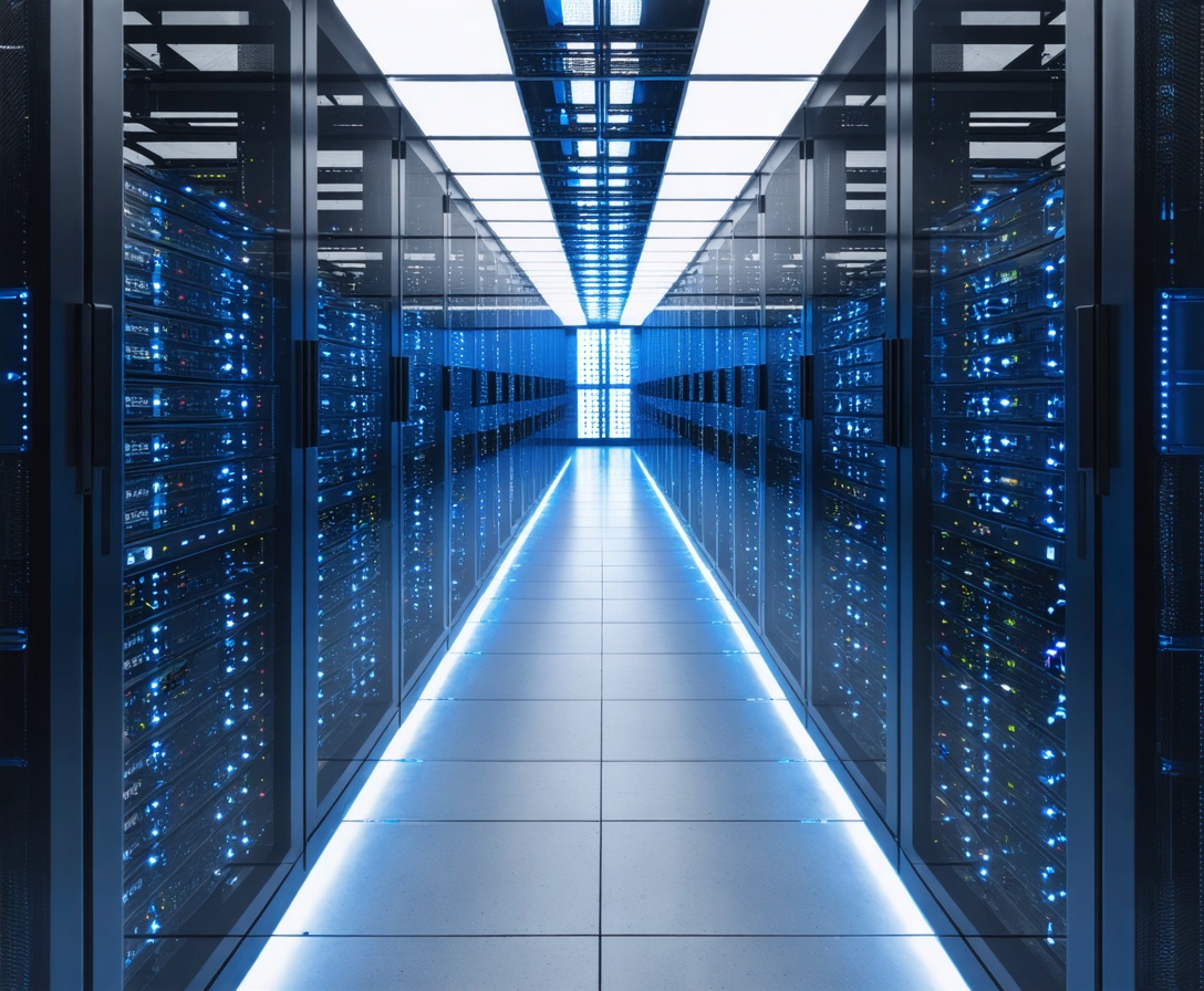 Sleek black server racks with blue lights